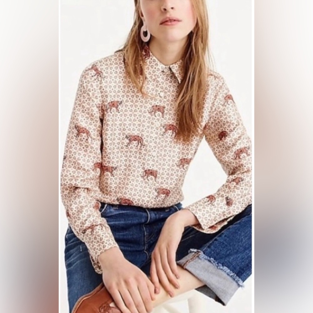 J.CREW Tiger Silk Twill Button-Up Long Sleeve Blouse Size 0